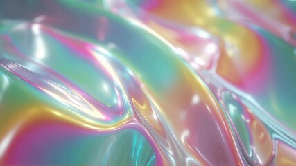 Wall Mural - Holographic liquid abstract background with iridescent reflections. Smooth wavy surface of colorful fluid material. Pearlescent texture, movement footage.