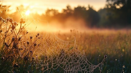 A spider web in a field of grass