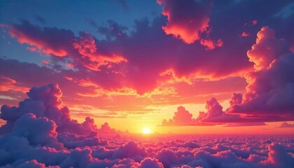 Wall Mural - Vibrant sunset paints the sky with fiery oranges, pinks, and purples as fluffy clouds drift lazily across the horizon A breathtaking spectacle of nature's artistry , idyllic, rays