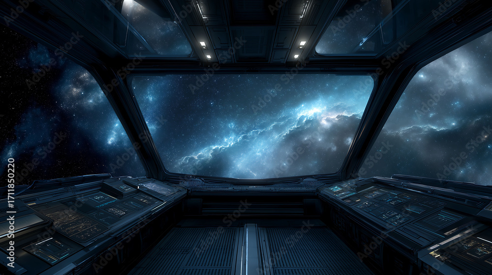 Hyper-realistic image of a spaceship bridge with large windows showing ...