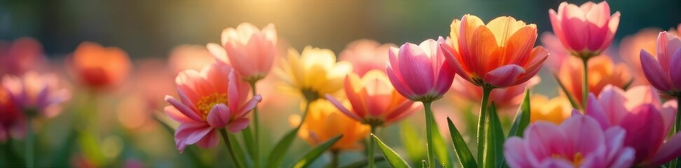 Wall Mural - Whimsical close-up of blooming flowers emerging from a bed, vibrant colors, soft lighting, natural beauty, spring awakening , vibrant hues, green