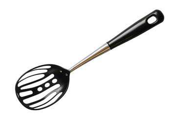 Black slotted spoon with stainless steel handle for cooking and serving food on transparent background