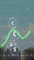 Wall Mural - Currency symbols and green line graph animation over cityscape with skyscrapers