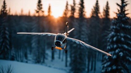 Wall Mural - Aerial view of a small plane flying above a snowy forest landscape