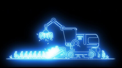 Futuristic agricultural automation concept showing a glowing neon blue autonomous combine harvester using robotics for smart farming on a digital display