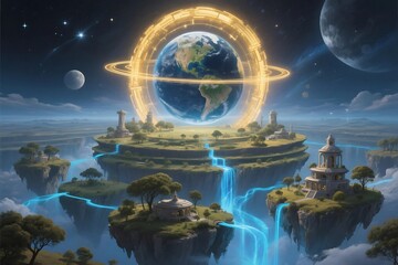 Wall Mural - Full blue moon shines over the dark city and water at night