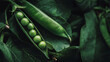 © GreenOptix - Fresh green peas in pods against lush garden leaves, vibrant colors and textures show freshness and vitality. Top view on black background