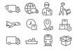 © Gwendoline - Delivery Transport Logistics Line Icons Collection. Fast Shipping, Global Delivery, Courier Parcel, Warehouse, Freight Truck, Box, Airplane, Ship, Train, Map, Tracking, Packing Vector Set