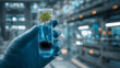 © GreenOptix - A hand in a glove holds a test tube of blue liquid, with a plant growing below in a high-tech lab setting with blue and grey tones. Vivid, detailed, and realistic