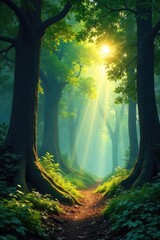 Wall Mural - Sunlight dapples through ancient trees in a lush, vibrant forest  Perfect for fantasy, nature, and environmental projects  Explore the serene beauty of the deep woods ,  fairytale,  mysterious