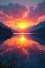 Wall Mural - Vibrant sunrise over a tranquil lake, reflecting the calm and serenity of wellbeing Perfect for wellness, mindfulness, and mental health themes , nature therapy, environment
