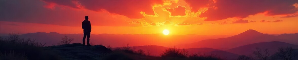Wall Mural - A solitary figure silhouetted against a vibrant sunset, conveying a sense of profound introspection and spiritual yearning in the vastness of nature ,  sunset,  shadow,  spiritual awakening