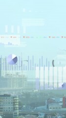 Wall Mural - Animation of multiple graphs and trading board over modern cityscape against sky
