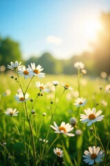 Wall Mural - A sunlit field of wildflowers swaying gently in the breeze, embodying the simple joy found in nature's beauty Perfect for themes of serenity, happiness, and well-being , summer, bloom, nature