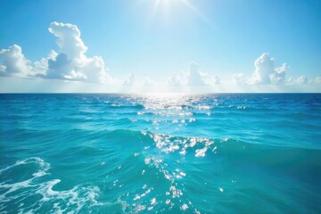 Wall Mural - Vast, cerulean ocean stretching to the horizon, sunlight shimmering on the waves, a tranquil and serene seascape Perfect for travel, nature, and environmental themes , vacation, expanse