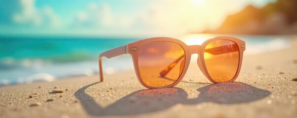 Wall Mural - Stylish sunglasses resting on a vibrant summer beach scene, reflecting the sun's rays on the sand and sea Perfect for summer travel, vacation, and holiday themes , beach, chill