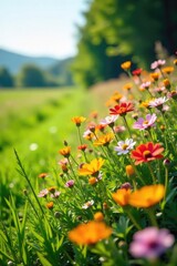 Wall Mural - Vibrant wildflowers bloom along a sunny field's edge, creating a natural, cheerful border Perfect for themes of nature, springtime, and positive energy , beauty, bloom, sunlight