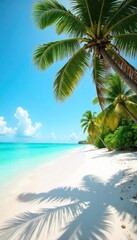 Wall Mural - Sun-drenched beach in the Bahamas, turquoise water laps gently at the white sand, palm trees sway in the breeze, idyllic tropical paradise , palm trees, escape, scenic