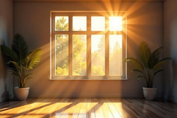 Wall Mural - Sunlight streams through a large window, illuminating dust motes dancing in the golden rays The bright light creates a warm and inviting atmosphere in the otherwise simple room , home, glass