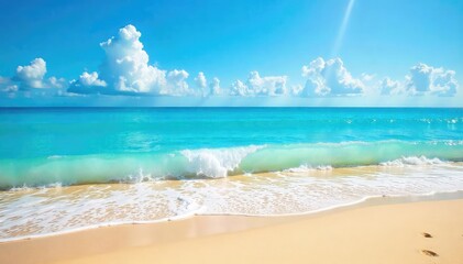 Wall Mural - Sunny beach scene with vibrant blue ocean waves lapping the shore, golden sand, and bright summer sky Perfect for travel and vacation themes , landscape, nature, flip-flops