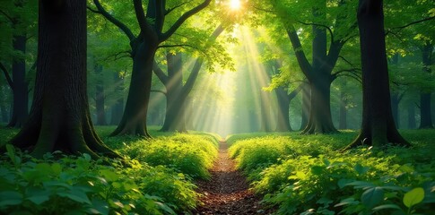 Wall Mural - Sun-dappled forest floor, lush green foliage, ancient trees, sunlight filtering through leaves, serene and peaceful woodland scene, vibrant natural beauty , scenic, peaceful, tranquility