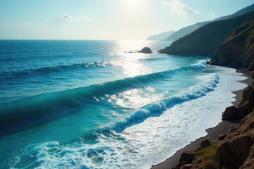 Wall Mural - Vast expanse of deep blue ocean, waves crashing on a secluded shore, sun reflecting on the water's surface A breathtaking seascape ideal for travel and nature publications , coast, beauty, powerful