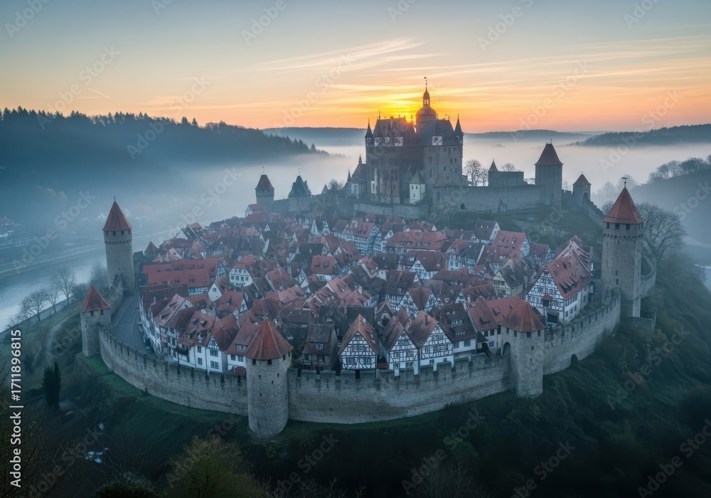 Aerial view of a medieval castle town perched on a hill at sunrise ...