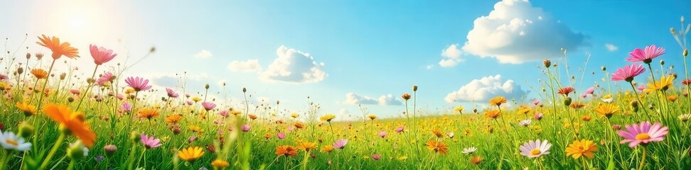 Wall Mural - A vibrant meadow bursting with wildflowers under a bright spring sky, gentle breeze rustling through the tall grass Perfect for themes of freedom, joy, and renewal , whimsical, idyllic