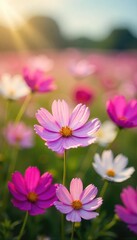 Wall Mural - Vibrant cosmos flowers in a field, bathed in soft sunlight Delicate petals in shades of pink, white, and purple sway gently in the breeze A picturesque summer scene , scene, flowers
