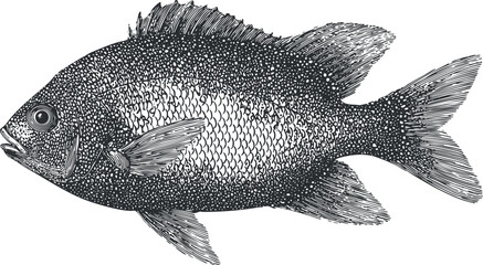 Wall Mural - Detailed black and white illustration of a fish showcasing its scales and fins.