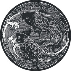 Wall Mural - An artistic illustration of koi fish swimming in waves, symbolizing harmony and beauty.