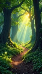 Wall Mural - Sun-Dappled Path Through Ancient Forest A Magical, Serene Nature Scene Perfect for Adventure, Fantasy, and Nature Photography Projects.