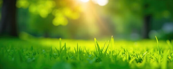 Wall Mural - Sunlight streams through leaves onto a vibrant green lawn, illuminating dew drops on the grass A perfect summer day scene , meadow, leaves, grass