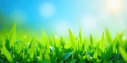 Wall Mural - Vibrant green grass, sparkling dew drops on leaves, bright blue sky A refreshing natural scene perfect for spring or summer projects Pure, untouched nature at its best , green, blue, sunlight