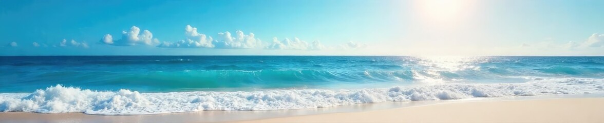 Wall Mural - Vast expanse of deep blue ocean, waves crashing on a sandy shore under a bright sun Serenity, tranquility, and the power of nature captured in a breathtaking seascape , environment, light, scenery