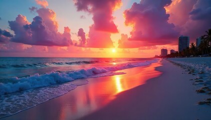 Wall Mural - Vibrant Miami Beach sunset casting a fiery orange and pink glow over the ocean, reflecting on the calm waves  Perfect for travel, vacation, and tropical themes , orange, afterglow, golden hour