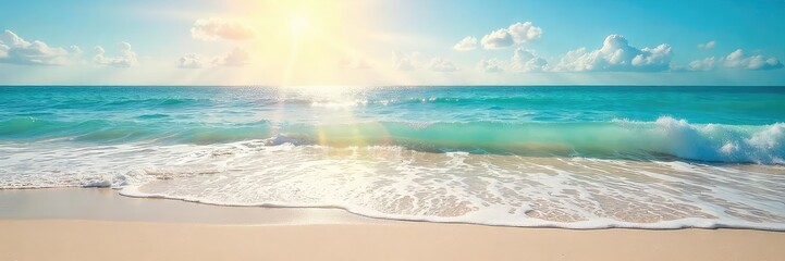 Wall Mural - Sun-kissed sand meets tranquil ocean waves at the shoreline Gentle sea breeze and soft, white sand create a serene coastal scene Perfect for relaxation and escape , peaceful, nature