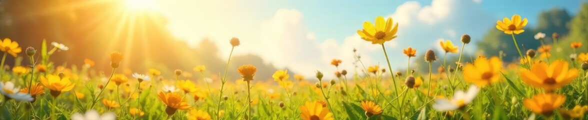 Wall Mural - A sunlit field of wildflowers gently swaying in the breeze, promising a bright and hopeful future Perfect for illustrating themes of optimism, renewal, and growth , light, nature