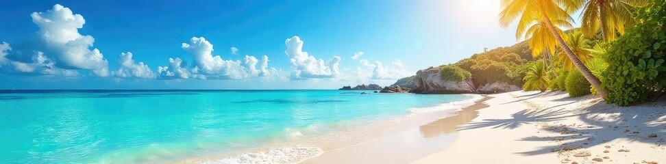Wall Mural - Sun-drenched coastal scene Azure waters meet a sandy shore under a vibrant summer sky Perfect for travel, vacation, or summer themed projects , relaxing, horizon