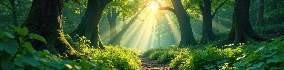 Wall Mural - Sunlight dapples through the canopy of a lush, ancient forest, illuminating the vibrant green undergrowth and towering trees  A sense of peace and tranquility pervades the scene ,  roots,  majestic