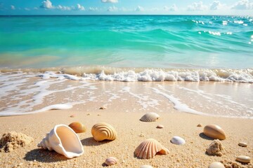 Wall Mural - A sun-drenched beach scene with seashells scattered on the sand, gentle waves lapping the shore, and vibrant summer colors  Perfect for travel, vacation, or summer themes , tropical, serene