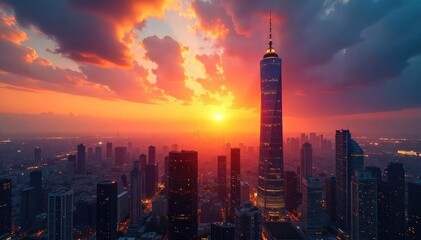Wall Mural - Stunning sunset casts a warm golden glow on a towering skyscraper, city lights beginning to twinkle below The dramatic contrast creates a breathtaking urban landscape , light, night