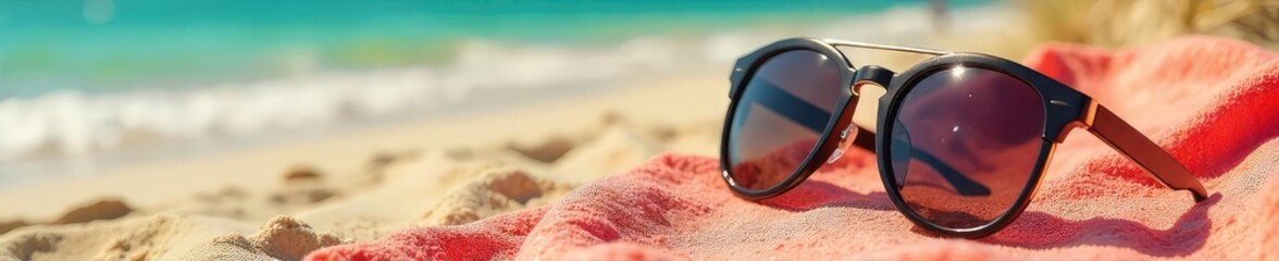 Wall Mural - Stylish sunglasses resting on a sun-drenched beach towel, capturing the essence of summer relaxation and carefree vibes  Perfect for travel, vacation, and summer promotional material , sea, sky