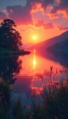 Wall Mural - Vibrant sunrise over a tranquil lake, reflecting healthy, peaceful vibes Perfect for wellness, mindfulness, and nature themes Ideal for websites, blogs, and social media , sun, sky, outdoors