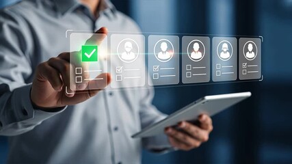 Business professional in gray shirt holding tablet and using hand to select glowing profile card in holographic display, digital resume screening, resume automation