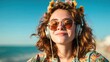 © senadlife - A beaming young girl with curly hair, wearing headphones and a floral crown, embodies the carefree spirit of summer and the joyful connection to music and nature.