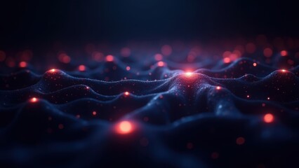 A mesmerizing web of neural connections, each node pulsing with soft neon light as streams of glowing data particles flow between them. The background is a dark gradient. AI visualization concept