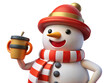 © Mehedi - Cheerful 3d snowman wearing hat and scarf holding a warm drink festive winter character