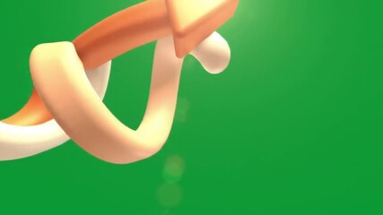 3D render of a twisty arrow and white curve element on a green backdrop with a light flare at the top right corner
