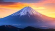 © izzay - Majestic mount fuji at sunset with snow capped peak and vibrant orange and yellow sky in the background